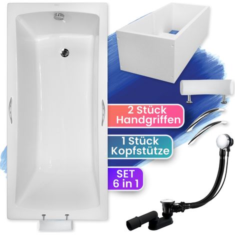 Badewanne Rechteck 160x70 mit Wannenträger + Handgriffen + Kopfstütze, Ablauf & Füße GRATIS - Komplettset 6in1 Acryl Wanne - BADLAND OPTIMA PREMIUM (1/5)