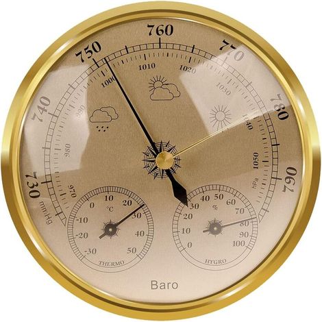 Analog Weather Station - Analog Weather Station for Indoor and Outdoor Use - Consists of a Barometer, Thermometer and Hygrometer - Suitable for Garden, Bedroom (Gold, 128mm)