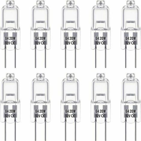 Pack of 10 G4 halogen bulbs, 12V and 20W. These bulbs emit a warm white light of 3000K, with a brightness of 350 lumens. They are dimmable and have a transparent appearance. (1/4)
