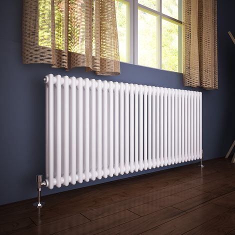 ELEGANT Traditional Radiator 600 x 1484mm Horizontal Double Column Cast Iron Style Radiator White + White Thermostatic Radiator Valves (1/5)