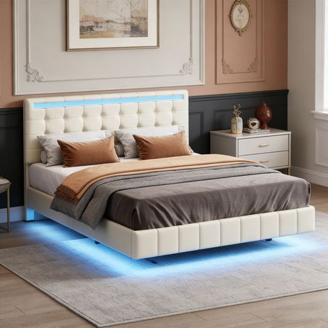 Struttura letto 140x190 - NEXU - Letto per adulti 2 persone - Letto flottante con LED - Presa integrata - Lino beige