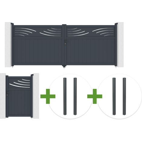 Portail battant 4m HALTI H.160cm aluminium gris + 4 poteaux ELDA + Portillon 1m HALTI H.160cm aluminium gris (1/5)