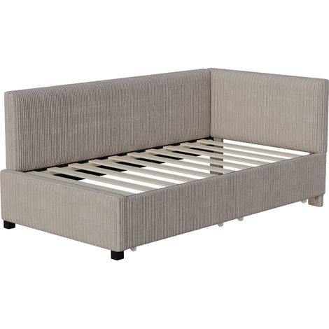 Cama tipo sofá tapizada 90 x 200 cm con 2 cajones y somier de lamas gris HOMVRA (1/5)