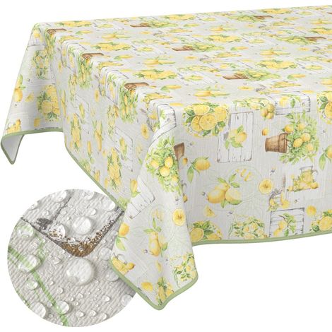 Nappe en Toile cirée Lavable, Facile d'entretien, imperméable, Effet Lotus, pour l'extérieur - Citron - pour Table de Jardin - avec Ourlet (bordée) - 160 x 140 cm (1/5)
