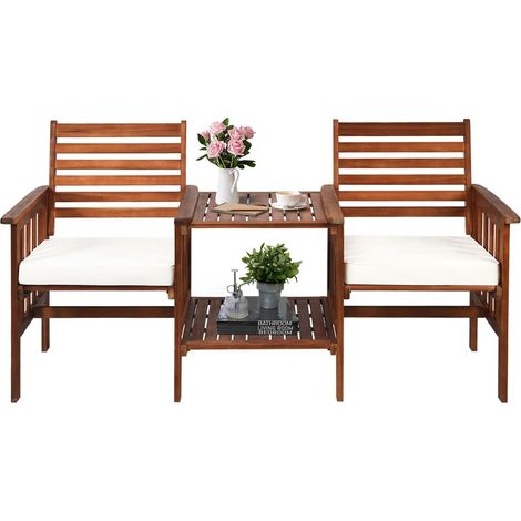 Goplus – Ensemble de salon de jardin en bois d'acacia – 2 fauteuils ergonomiques et table basse avec trou pour parasol – Résistant aux intempéries – 165x65x88 cm (1/5)