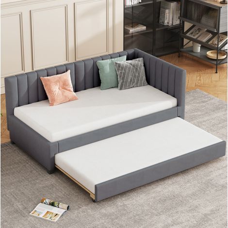 Lit banquette rembourré gris 90x200 cm en velours, style Mid-Century, avec lit gigogne, tête de lit et sommier à lattes (1/5)