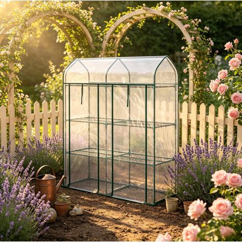 Serre de balcon 3 niveaux 143x46x165 cm en PVC transparent, gain de place pour jardin FLORAGRACE (1/5)
