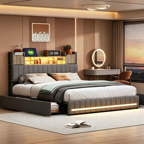 Lit 140x200 avec tiroirs,lit double capitonné,lit adulte,avec sommier à lattes,LED réglable,USB,4 tiroirs,tissu en lin,Gris (1/5)