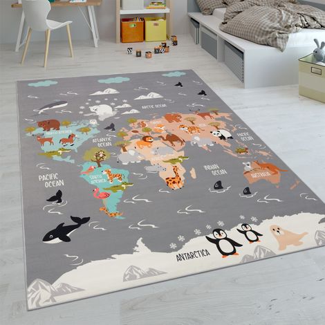 Paco Home Kinder-Teppiche, Kurzflor-Teppiche für Kinderzimmer mit vers. Designs Spielteppiche Bunt 100x200 cm, Grau 3