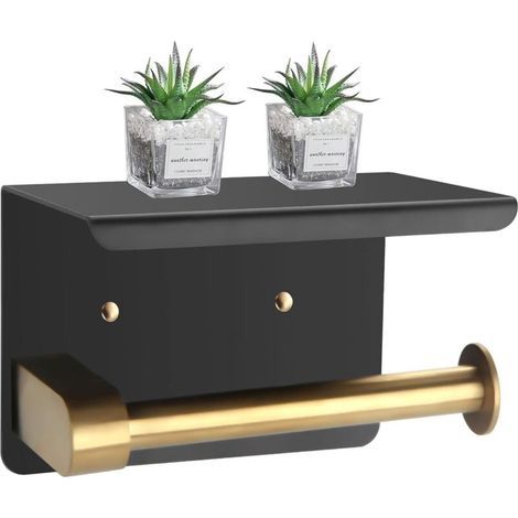 Toilet Paper Holder with Shelf, Wall-Mounted Toilet Paper Holder (Perforated/Non-Perforated), Toilet Roll Holder, Stainless Steel Toilet Paper Dispenser for Bathroom and Kitchen (Black Gold) (1/5)