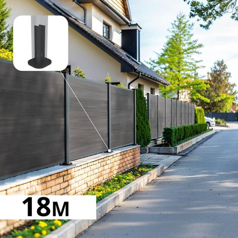 Kit Clôture Composite sur Muret CRUZ Ardoise 18x1,2m - Bois composite & Aluminium - Poteaux sur Platines Gris - Brise vue