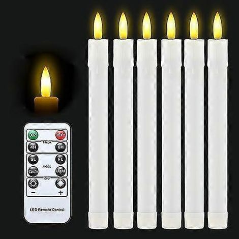 Lot de 6 bougies LED sur pied avec minuterie et télécommande, fonctionnant sur piles, avec support. Bougies coniques LED sans flamme. (1/4)