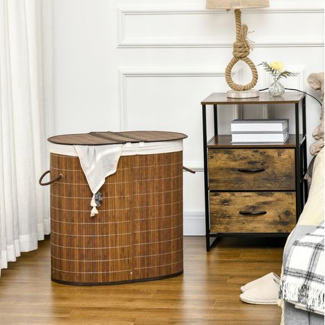Cesto para ropa 100 L de 2 compartimentos con tapa, bolsas extraíbles, bambú marrón HAVRYA (1/5)