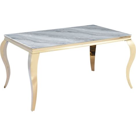Table à manger verre marbré greige pieds acier doré 180x90 cm BAROQUE