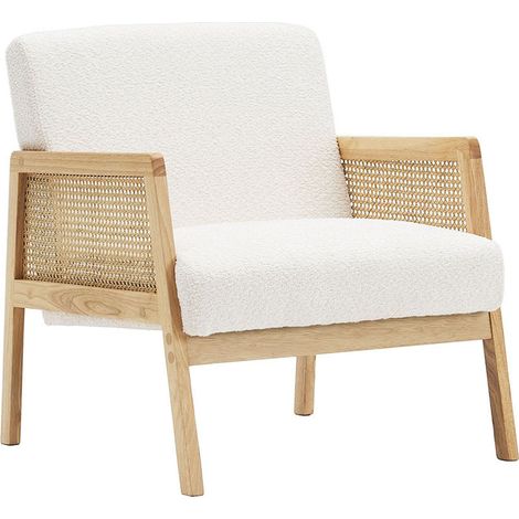 Fauteuil en cannage et tissu bouclé écru - Mani (1/5)