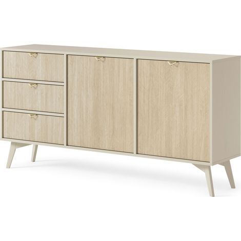 Sideboard mit 2 Türen WOOD - Kommode mit 3 Schubladen - Holzbeinen, Modern Design - Gold Aluminium Griffen - Beige (1/5)