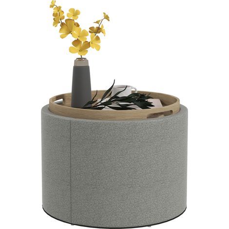 Tabouret recouvert de lin, rangement dissimulé, couvercle rabattable, 56 x 56 x 42 cm, gris et bois naturel (1/5)