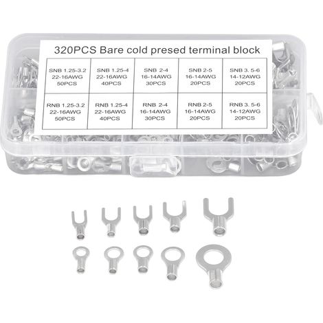 Kit de 320 cosses à fourche non isolées en cuivre électrique, connecteurs pour câble de batterie, bornes serties rondes et fourches. (1/5)