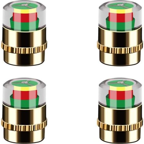 4 manómetros de latón con indicadores de presión de neumáticos (35 PSI, 2,4 bar), equipados con alarmas visuales tricolores, tapas antirrobo para las tuercas y una nueva llave universal.