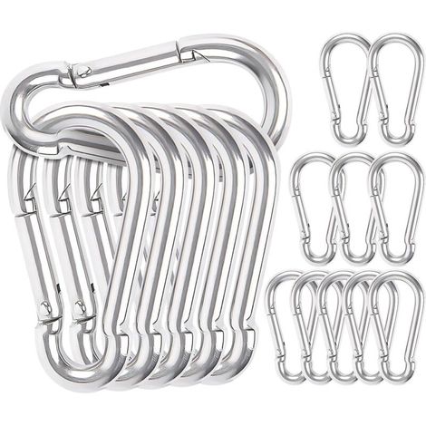 Pack of 16 Carabiners, 6 x 60 mm, Steel Carabiners, Key Carabiners, for Hammock, Spring Carabiner, M6, Camping, Fishing, Swing and Hiking Accessories (Silver) (1/5)