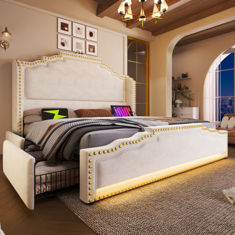 MEUBLIV Bettgestell 180x200 cm Beige – mit LED, Stauraum und ohne Matratze (1/5)