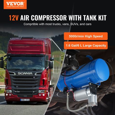 Compresseur d'Air pour Kit de Klaxon Pompe à Air avec Réservoir 6 L 90-120 psi pour Gonflage des Pneus Matelas Pneumatiques Compatible avec Tout Véhicules 12 V Trains Bateaux Voitures Atelier (1/5)