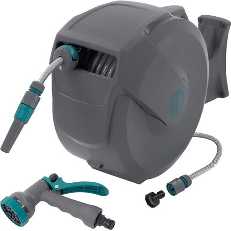ECD Germany Schlauchaufroller 30m+2m, Schlauchtrommel, Wand-Schlauchbox RollUp mit Arretierstop und 9 Sprühfunktionen, 180° Schwenkbar, Automatischer Wasser Gartenschlauch-Aufroller zur Wandmontage