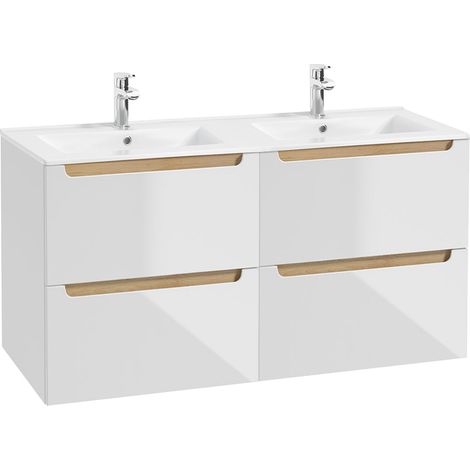 Meuble double vasque encastrée 120cm 4 tiroirs Livia Blanc et Bois (1/5)