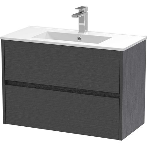 Nuie Havana Graphite Grey Woodgrain 800mm Wall Hung 2 Drawer Vanity Unit and Minimalist Ceramic Basin - HAV2206B (1/4)
