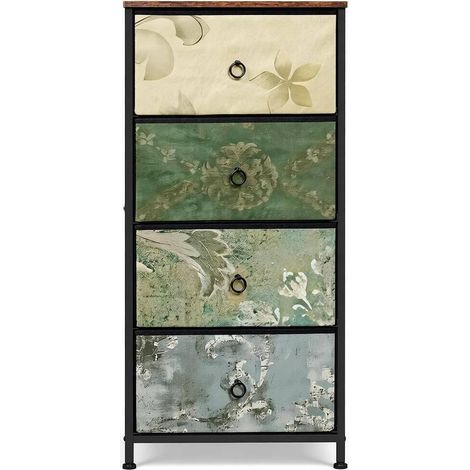 Cómoda vintage con 4 cajones de tela, 45 x 94,5 x 30 cm, madera E1, metal y tejido multicolor (1/5)