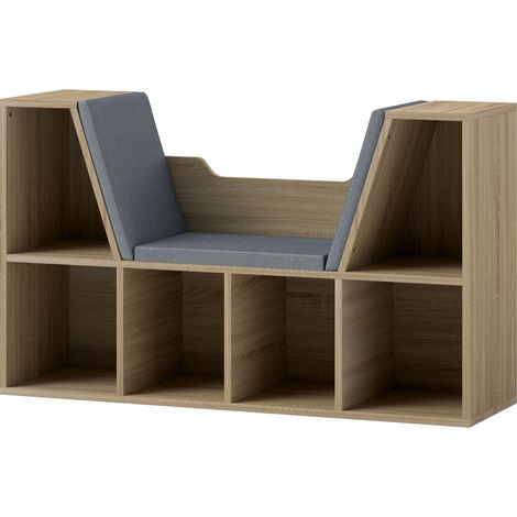 Modernes 2-in-1-Bücherregal, 6 Ablagen, 3 Kissen inklusive, 102 x 30 x 61 cm, graue Eiche
