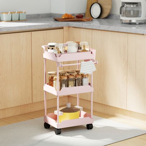 Chariot utilitaire à 3 niveaux, chariot de cuisine avec paniers amovibles et porte-serviettes, rose