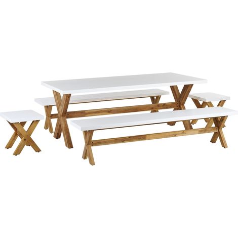 Set de Jardin 8 Places Table et 8 Bancs en Fibre-Ciment et Bois d'Acacia Blanc et Bois Clair Olbia