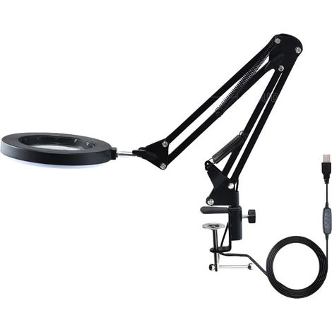 Lupa 10x con luz LED, brazo flexible, brillo ajustable, 3 colores, luz de trabajo con pinza, color negro. (1/5)