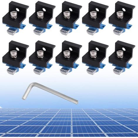 10pcs Pinces Fixation Panneaux Solaires pour Standard, Supports Panneaux Solaires 30mm/35mm avec Écrous Boulons Kit Montage en Alliage Aluminium pour Toit Tôle Métallique Plate (Noir) (1/5)