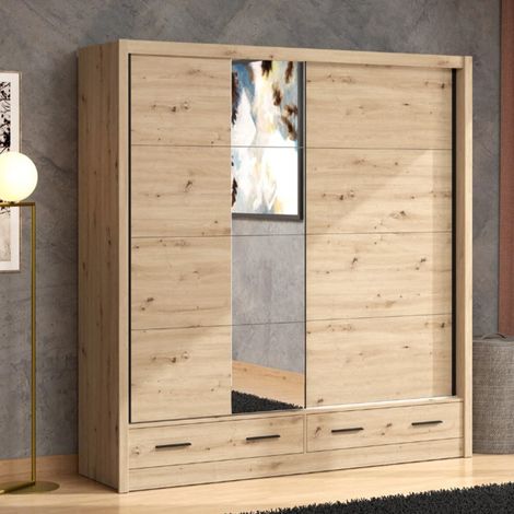 Armario 2 Puertas Copala, Guardarropa Dormitorio 4 Estantes, Barra Colgante, 2 Cajones, 205x216h cm Roble Marrón Nudos (1/5)