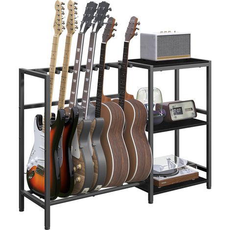 Guitar Stand, Guitar Holder for 5 & 6 String Instruments, Fits Acoustic Guitar & Bass, Guitar Rack with Shelves for Record Player, Equipped with Non-Slip Rubber Pads (1/5)