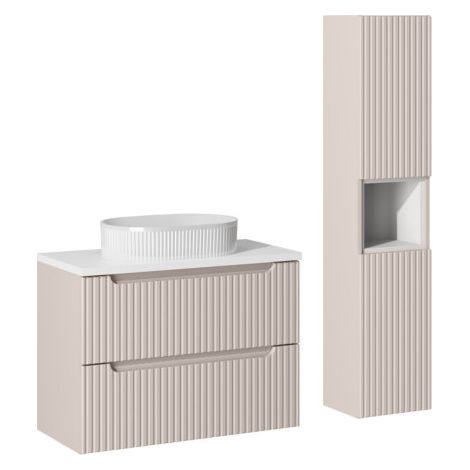 Ensemble Meuble Salle de Bain 2 tiroirs 80 cm + Vasque Sable + Plateau Blanc + Colonne - Astral - Beige crème - Livraison gratuite