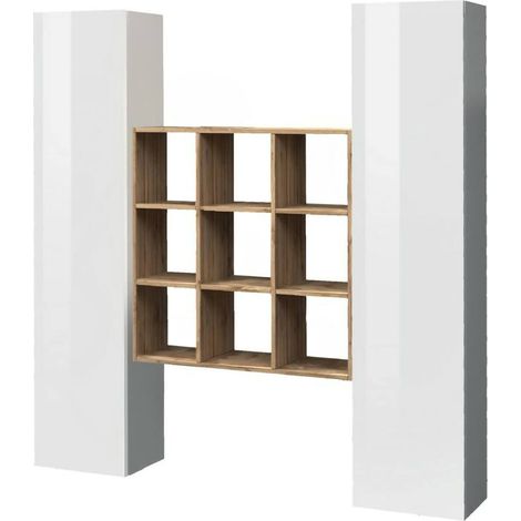 Buffet Acerenza, Meuble 16 Étagères, 19 Compartiments Fabriqué en Italie, 2 Portes, 40x30x180h cm Blanc Brillant (1/5)