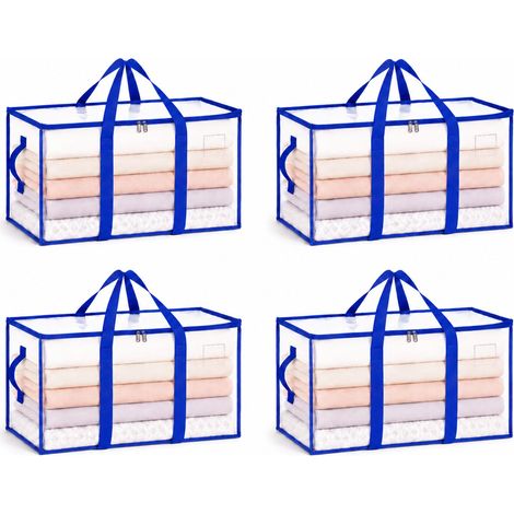 Lot de 4 sacs de rangement de 94 l - Grands cartons de déménagement - Avec fermeture éclair - Pliable - Pour sapin de Noël - Pour déménagement, linge de lit, vêtements (4 pièces transparentes bord