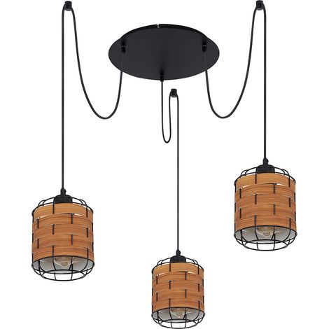 Pendelleuchte 3 flammig Lampenschirm Hängelampe Holzoptik Wohnzimmerlampe zum verstellen, Metall Kunststoff, schwarz braun, 3x E27 Fassungen, DxH 38,5x200 cm