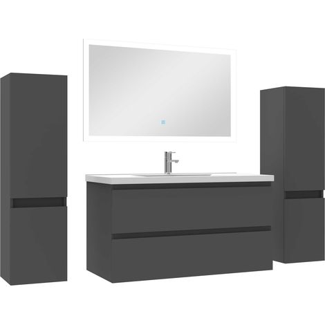 Ensemble meubles Salle de Bain 100cm vasque + colonnex2 + LED miroir Anthracite (1/5)