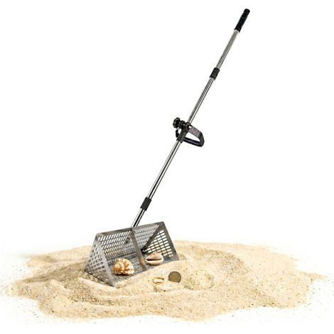 Relaxdays Sand Rake, 40 cm sieve, 140 cm handle, metal-detecting treasure hunting & fishing, stainless steel, silver