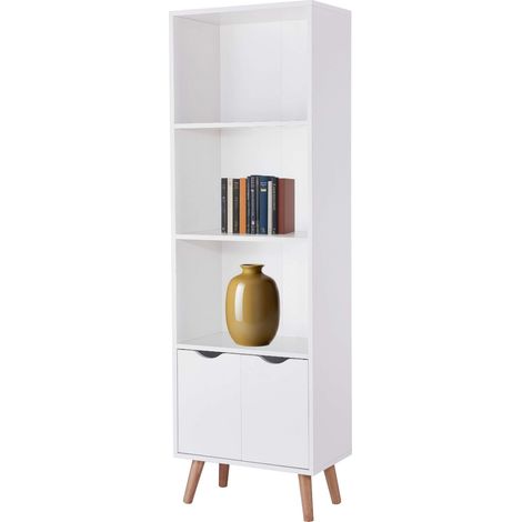 Estantería Salón Comedor Fiano 3 Estantes, 2 Puertas Abatibles, Melamina, Patas pino lacado, Blanco Mate y Roble 50x160x30 cm