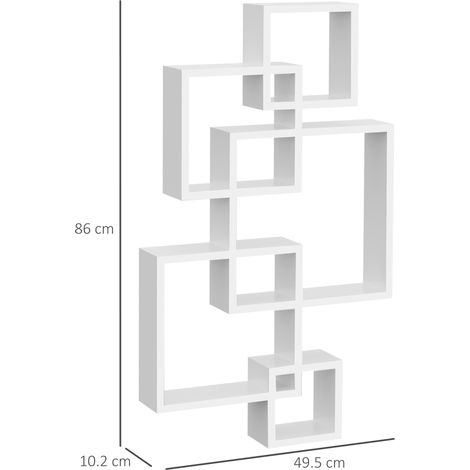 Étagère murale Panneau mural flottant avec 5 cubes et 9 compartiments,bois de sapin,blanc,49,5x10,2x86cm