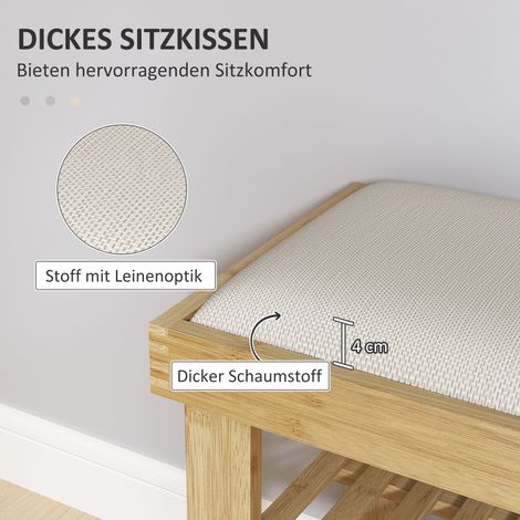 Banc pour chaussures avec siège, meuble en bambou à rangement, 2 casiers ouverts, dimensions : 60 x 29 x 49 cm, blanc cassé (1/4)
