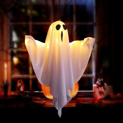 Hanging LED Light-Up Ghost for Halloween Decoration, Indoor and Outdoor Garden Patio with Wind Sock (1/4)