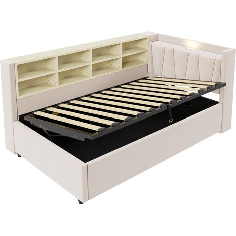 GagaLit capitonné 90x200 avec coffre, LED, USB et Type-C, beige (1/5)