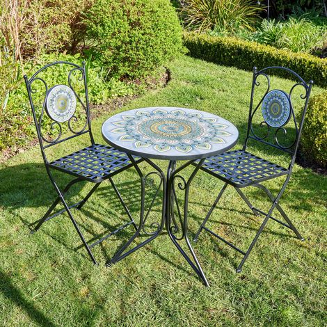 Bistro Table Set Blue Floral Mosaic Design 2 Chairs Outdoor Garden Furniture
