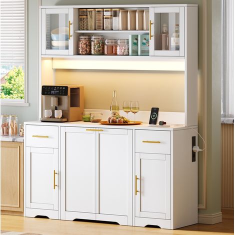 MODFU – Mueble de cocina 140x40x173 cm de MDF con encimera, cubos de basura deslizantes, LED RGB y enchufes USB para cocina o salón – Blanco (1/5)